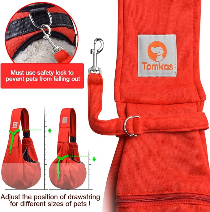 Tomkas Small Dog Sling Carrier - Zipper Pocket & Adjustable Strap & Zip Pocket - for 3-10 lbs Pets (Red)