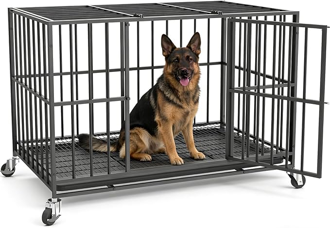 48 in Heavy Duty Dog Crate for Large Dogs, Dog Kennel Indoor with Removable Tray and Lockable Wheels, Easy to Clean, XL Dog Cage for Large and Medium Dogs
