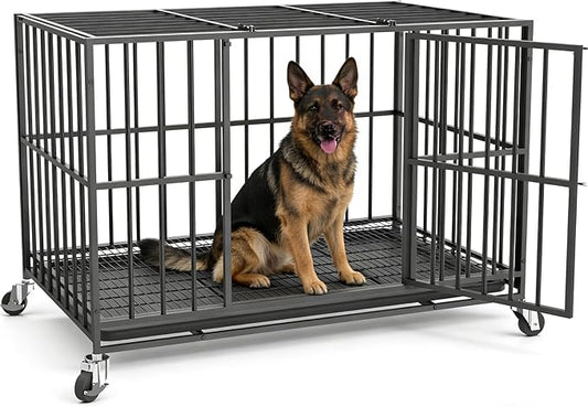 48 in Heavy Duty Dog Crate for Large Dogs, Dog Kennel Indoor with Removable Tray and Lockable Wheels, Easy to Clean, XL Dog Cage for Large and Medium Dogs