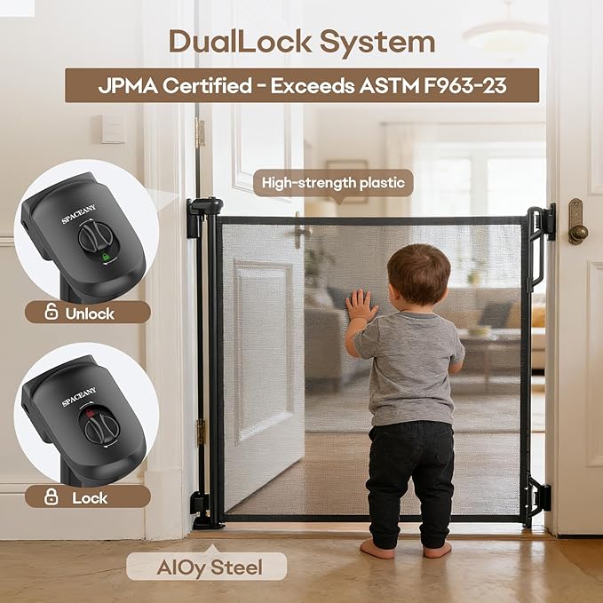 SPACEANY Retractable Safety Baby Gate or Mesh Dog Gate,Durable Portable Mesh Retractable Gate,Easy to Use for Stairs, Doorways, Hallways, Indoor, Outdoor, 33.5" Tall, Up to 45" Wide, Black