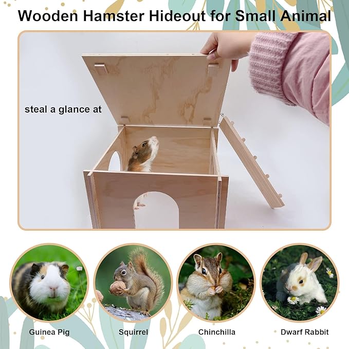 kathson Guinea Pig Hideout House,Wooden Chinchilla Hide Hut with Climbing Ladder and Windows, Hamster House for Mouse Hedgehog Squirrel Mice Gerbils Hiding Sleeping and Playing