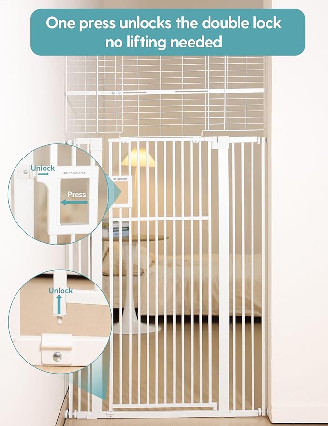 No Pawblems 71" Extra Tall Pet Gate, 29-43" Auto Close Cat Gate for Doorways/Stairs/Hallways, NO Drilling Pressure Mounted Tall Dog Gate, 1.37" Ultra Narrow Spacing, White