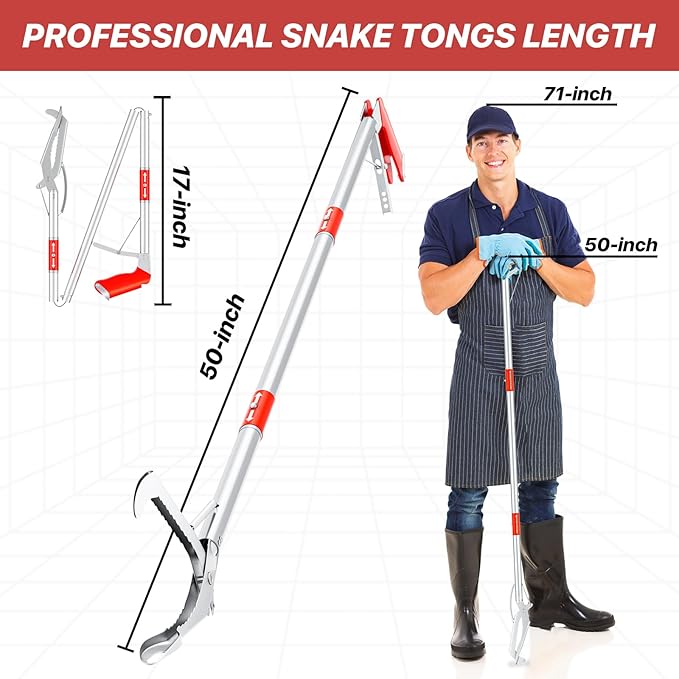 Likorlove 50" Collapsible Snake Grabber Tongs, Stainless Steel Snake Catcher Tool with Wide Jaws & Non-Slip Handle – Humane Reptile Handling Tool for Home, Yard & Outdoor Safety