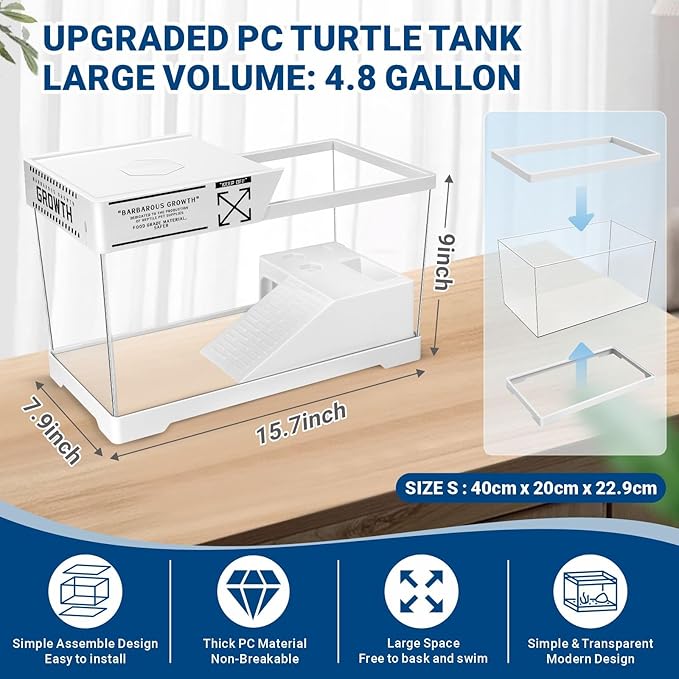 GOZILLA Turtle Tank Kit(Tank+Lamp+Filter), Upgrade PC Turtle Tank Starter Kit with Adjustable Lamp & Filter, Reptile Habitat with Lid, Basking Platform for Small Reptiles.(15.75 × 7.9 × 9''/White Kit)