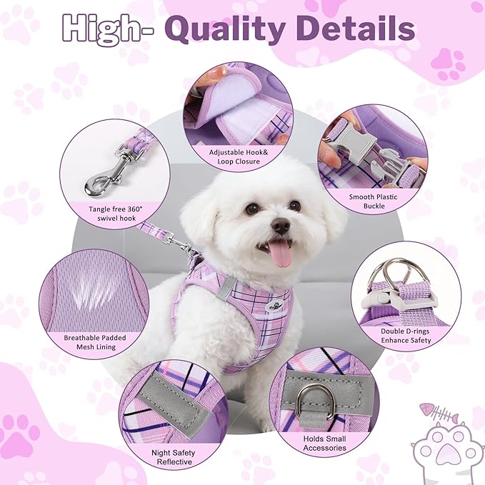 Gyuzh Dog Harness and Leash Set, 3-in-1 Step in No Pull Harness Vest Collar for Small Dogs & Cats, Lightweight Breathable Mesh Reflective Plaid with Padded Handle (Purple, L)