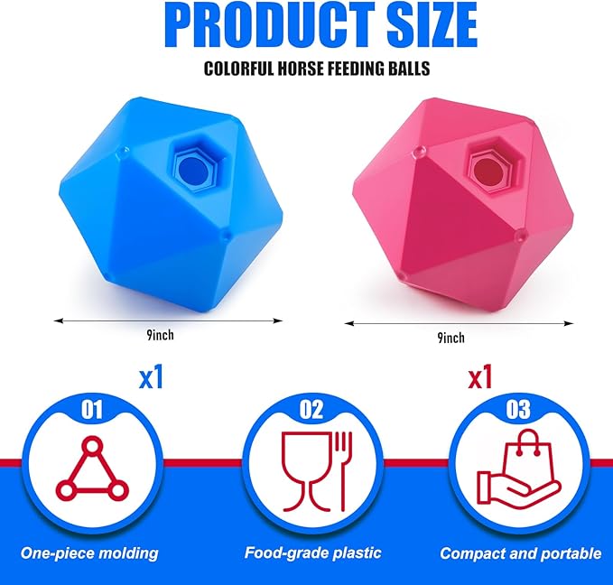 Horse Treat Ball, 9" Horse Ball Feeder Toy & Stress Reliever with 1.13 Inch Opening for Paddock, Slow Feed Enrichment Toys for Horses to Play(2 Pack,Pink Blue)