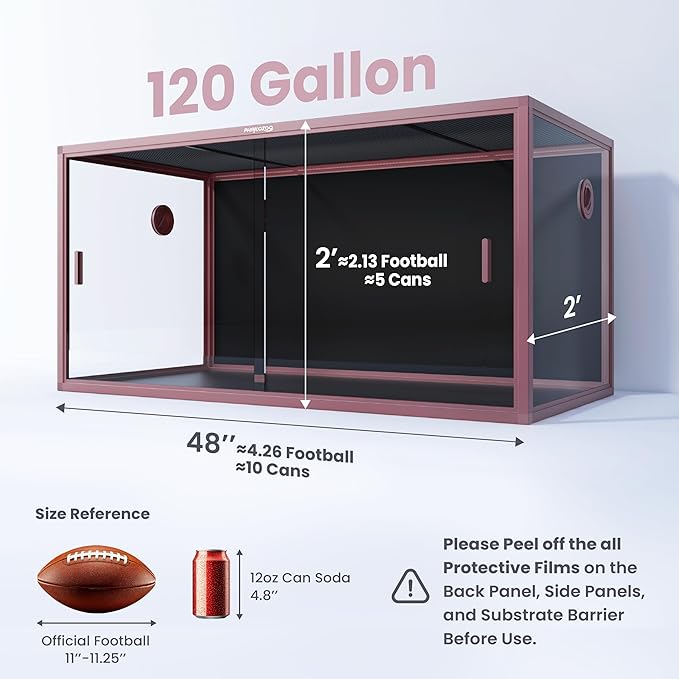 Phailozoo 120 Gallon Bearded Dragon Tank, Stackable Reptile Enclosure with Front Sliding Tempered Glass Doors, Easy Assembly Aluminum Frame Reptile Tank for Snake & Lizard