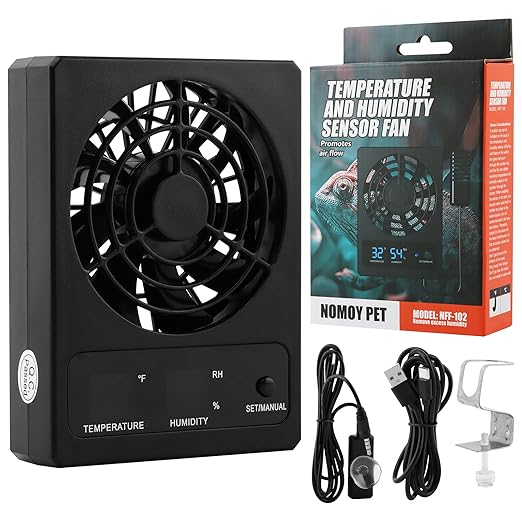 Reptile Ventilation Fan, LED Digital Thermometer and Humidity Gauge Dehumidifier for Pet Rearing Box Reptile Tank, with Humidity Sensor, for Humid Environments, Rainfo-Rest and Ecological Tanks