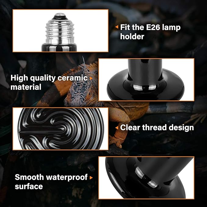 Simple Deluxe 50W Ceramic Heat Emitter Reptile Heat Lamp Bulb No Light Emitting Brooder Coop Heater for Amphibian Pet & Incubating Chicken Black