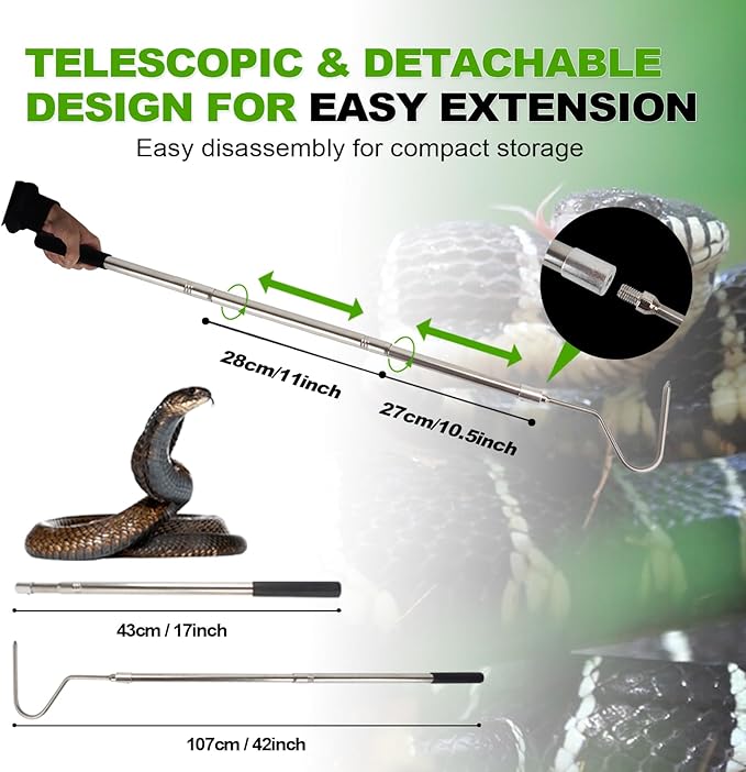 Snake Hook, Snake Grabber Tool Heavy Duty with 42 Inch Extensible Stainless Steel, Snake Tongs Stick for Rattlesnake, Copperhead Snake, Ball Python, Rattle, Cobra, Corn, Rosy Boas