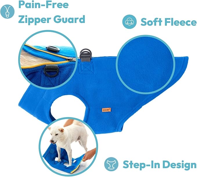 Gooby Zip Up Fleece Dog Sweater - Turquoise, Small - Warm Pullover Fleece Step-in Dog Jacket with Dual D Ring Leash for Small to Medium Dogs