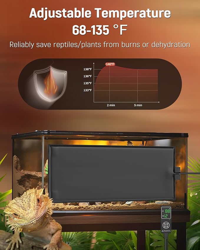 Pawfly Reptile Heat Pad with Thermostat & Timer - Reptile Heating Pads 25 W, 17.7 x 8 Inch Hermit Crabs Heating Pad, Heat Mat for Reptiles Turtles Frogs Snakes Lizards Geckos Plants Seedlings
