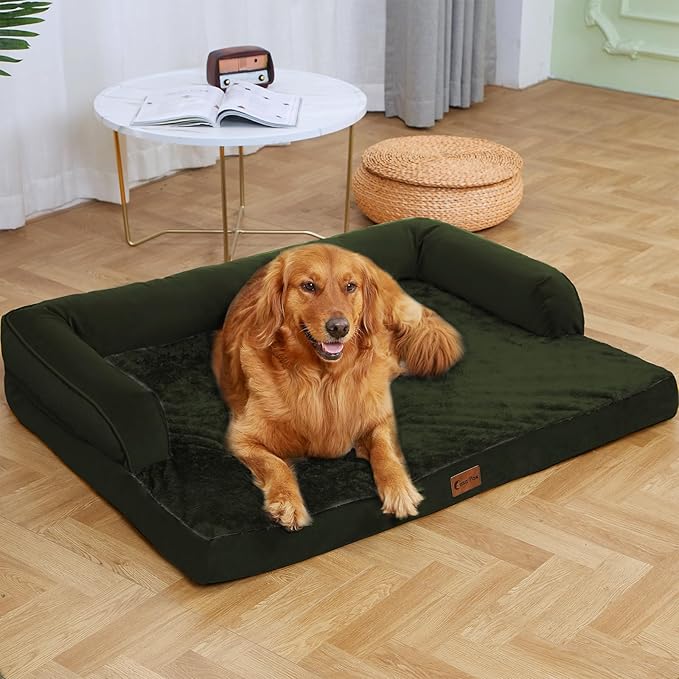 Orthopedic Dog Beds for Extra Large Dogs, Waterproof Egg Crate Foam XL Dog Bed with Sides 45x35Inch, Big Dogs Couch Beds with Removable Washable Cover and Nonskid Bottom, Olive Green