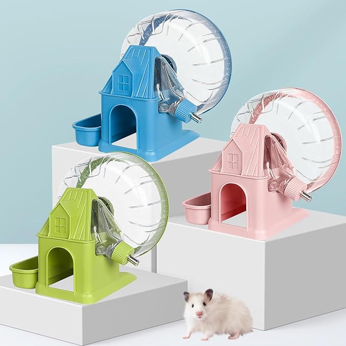 Hamster Toys 4 in 1 Multifunctional Super-Silent Exercise Toys Spinner Wheels with Water Bottle Food Container and Hideout Base Large Spinning Running Wheel for Rat Gerbils Mice (L,Blue)