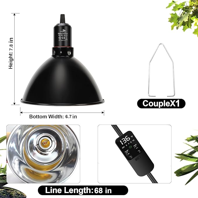 MECESOR Reptile Light Fixture with Thermostatic Timer, 8.5 Inch Deep Dome Lamp Cap Reptile Heat Lamp Fixture with Separate Switches, Terrariums Light Fixture for Ceramic Heating Lamp Bulb