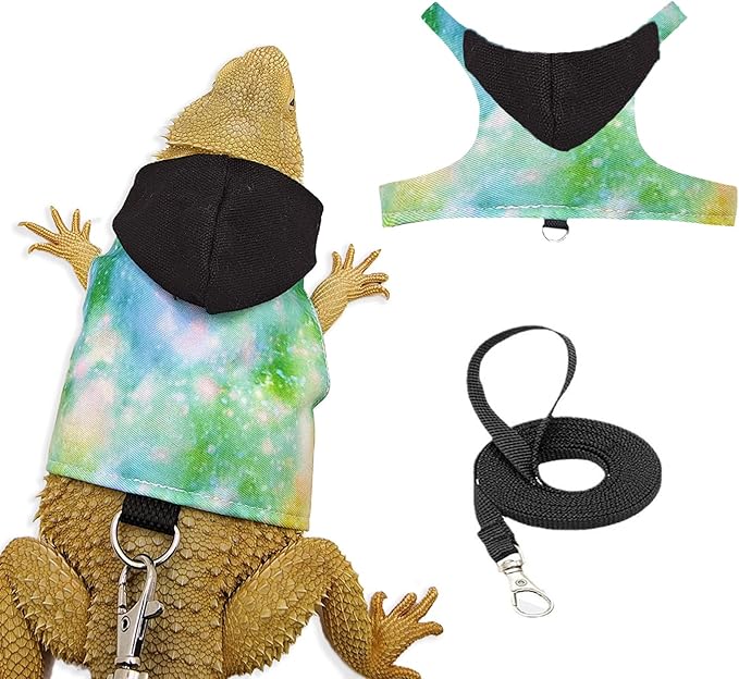 Bearded Dragon Lizard Hoodie Leash Suit Reptile pet Outdoor Chest Harness Chameleon Squirrel Leash Hooded Clothes Suitable for Bearded Dragon Lizard Reptiles（Black hat）