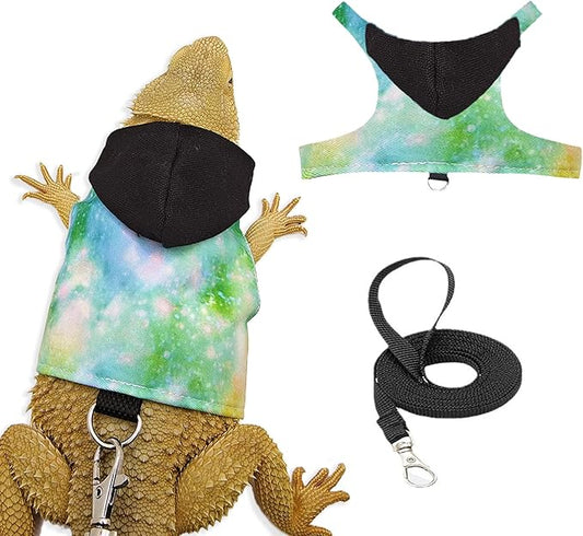 Bearded Dragon Lizard Hoodie Leash Suit Reptile pet Outdoor Chest Harness Chameleon Squirrel Leash Hooded Clothes Suitable for Bearded Dragon Lizard Reptiles（Black hat）