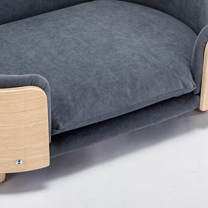 Elevated Dog Bed Pet Sofa with Solid Wood Legs and Bent Soft Backrest, Pet Cat Stool Bed with Velvet Cushion,for Small and Medium Size Dogs Kitten, Mid Size