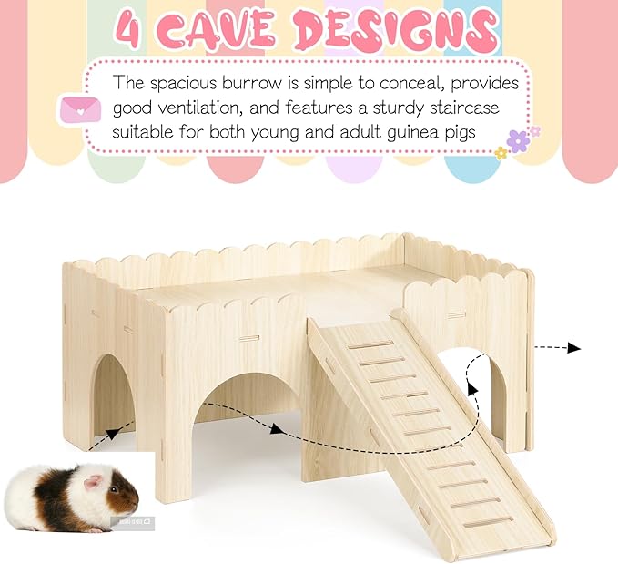 1 Set Guinea Pig Hideout, Upgraded Wooden Guinea Pigs Castle with Stairs 14.96*9.84 Inches Detachable Guineas Pig House with Stair Large Guineas Piggy Castle for Hamsters and Chinchilla Small Animals