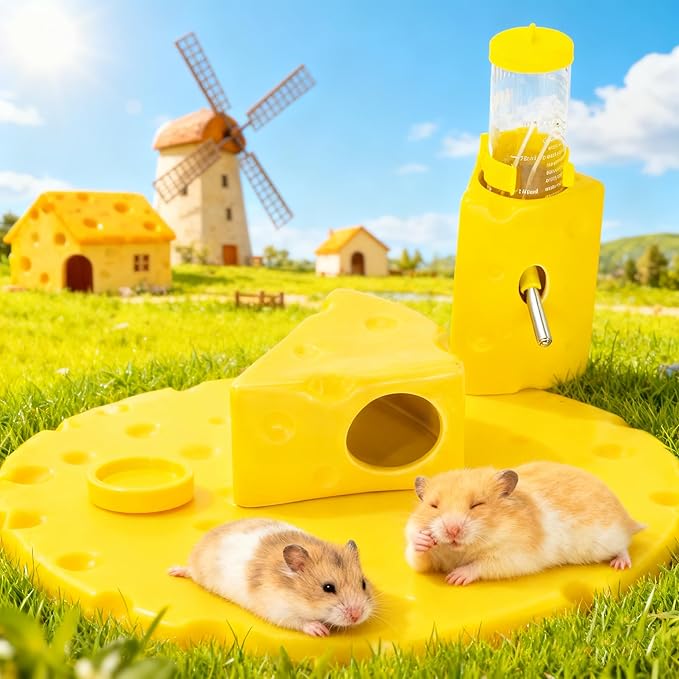 Ceramic Hamster Habitat Set, 3-Piece Cute Cheese Design – Water Bottle (3.9oz), Food Bowl & Cooling Hideout House for Dwarf Hamsters, Gerbils, and Small Pets – Easy to Clean & Chew-Resistant