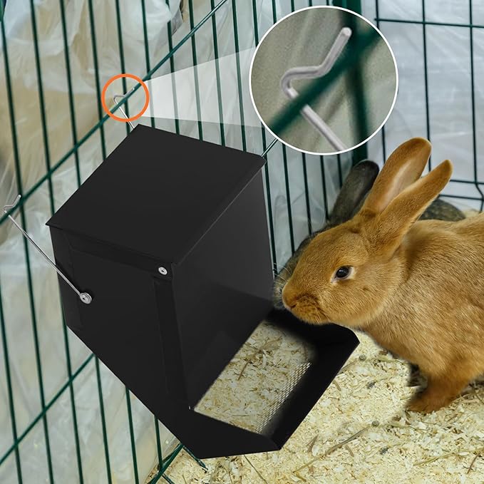 Maxcheck 2 Pcs Rabbit Feeder for Cages Small Animal Food Pellet Dispenser with Lid Metal Chicken Grit Oyster Shell Squirrel Feeders Outside(4.7 Inches,Mesh Bottom,Black)