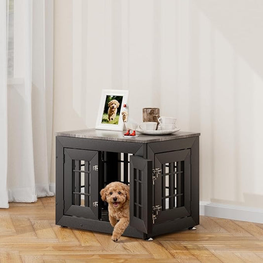 Snuowu 26" Heavy Duty Dog Crate Furniture for Small,Medium and Large Dogs,Rustic Wooden Dog Cage Kennel Indoor Furniture with Waterproof Top,Decorative Pet House Side End Table (Black & Grey)
