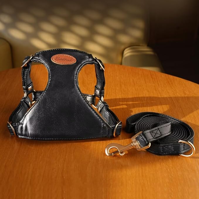 Beirui ‌Stylish PU Leather Dog Harness‌ and Leash Set for Small Dogs, ‌Adjustable Step in Dog Vest Harness with Breathable Mesh Lining and Durable Metal Buckle for Walking Traveling(Black,S)