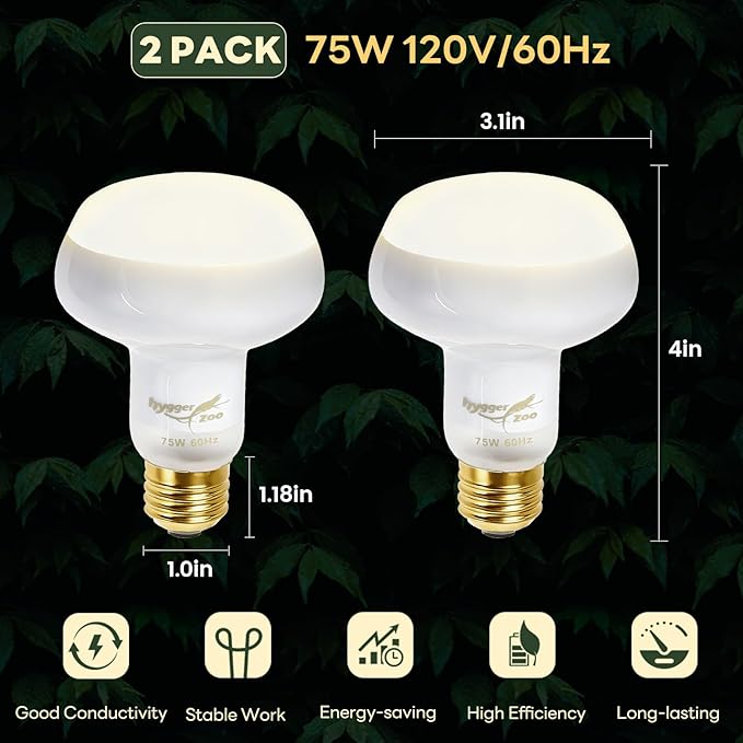 Reptile Heat Lamp, 2 Pack 75W Simulated Natural Sunlight Heat Lamp Bulbs Reptile Warm Light Lamps UVA Daylight Basking Light for Bearded Dragon Chameleon Turtle Snake Gecko Lizard Chicken, White