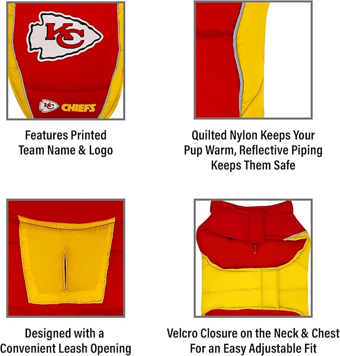 NFL Kansas City Chiefs Puffer Vest for Dogs & Cats, Size Large. Warm, Cozy, and Waterproof Dog Coat, for Small and Large Dogs/Cats. Best NFL Licensed PET Warming Sports Jacket