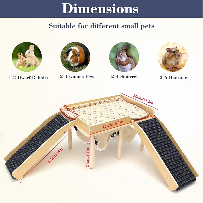 Guinea Pig Hideout Castle, Wooden Chinchilla House with 2 Stairs and Hammock, Small Animals Habitats Hut Accessories for Hamsters Bunny Rabbit Hedgehog Playing Hiding, Easy Assembly