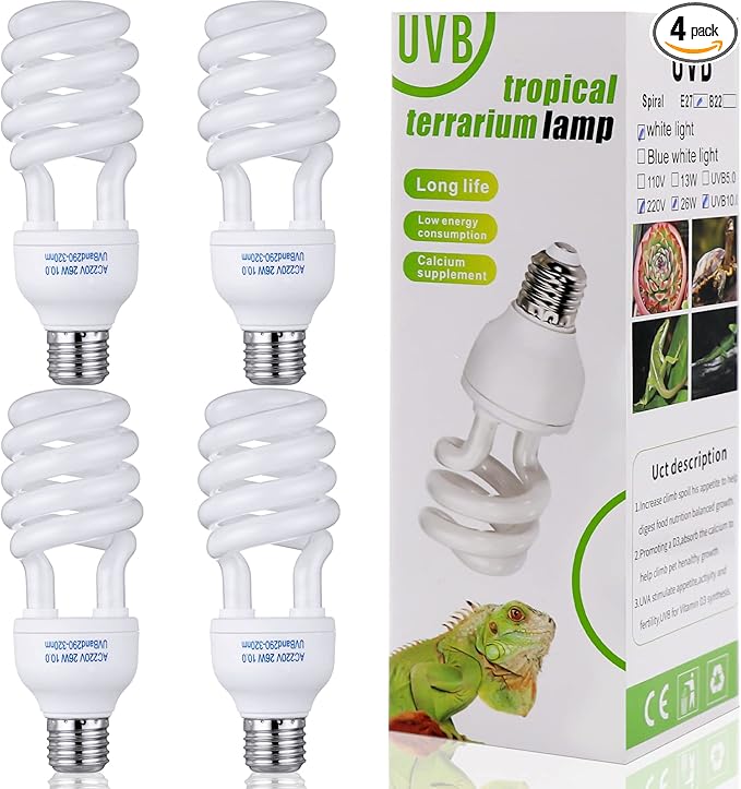 Reginary 4 Pcs Uvb Reptile Light 10.0 26 W, Reptile Uvb Bulb for Desert Tropical Sub Tropical Fluorescent Simulation Color Light for Turtle, Bearded Dragon, Lizard, Gecko