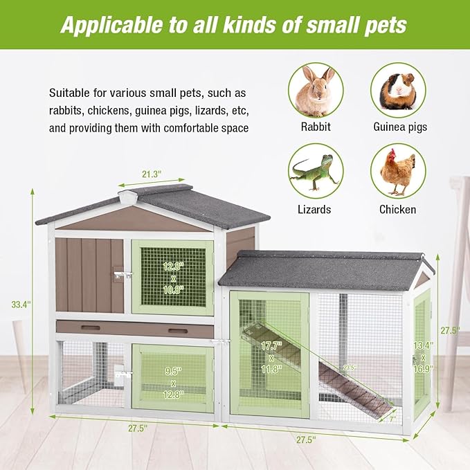 Outdoor Rabbit Hutch with No-Leak Plastic Tray, Expandable Chicken Coop, Large Run Space for Bunny, Guinea Pig, Duck, and Small Animals