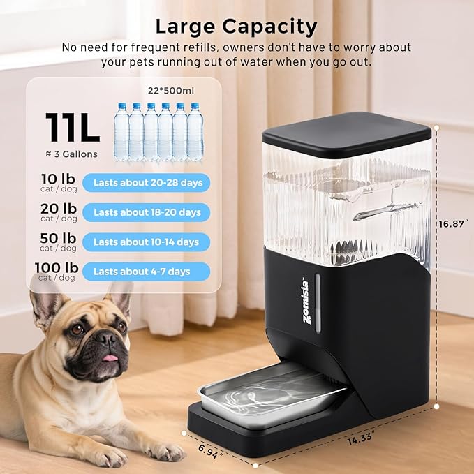 ZOMISIA Automatic Dog Water Dispenser 11L with Stainless Steel Bowl, Gravity Extra Large Capacity Water Bowl for Large-Sized Dogs, 3 Gallon Pet Waterer 100% BPA Free, Black