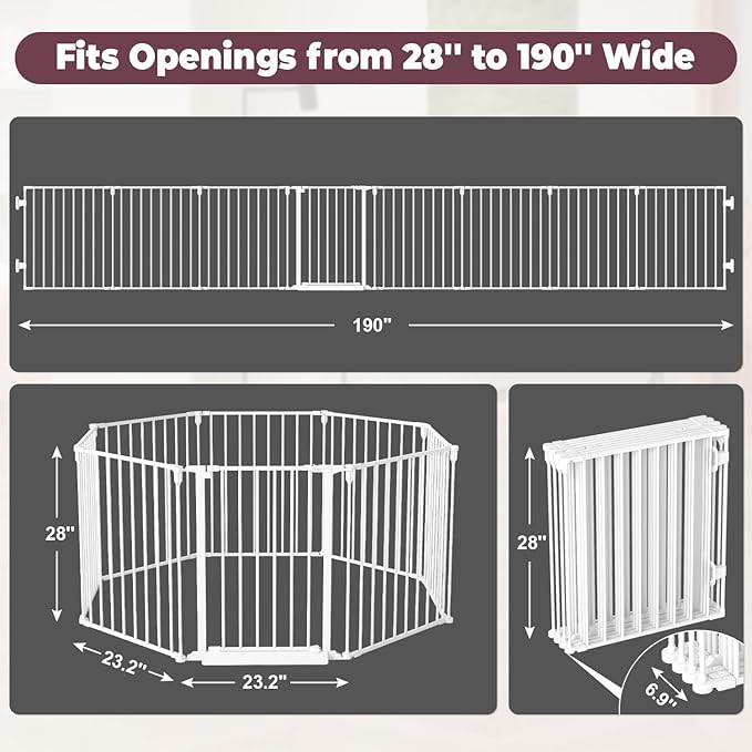 190" Extra Wide Baby Gate Playpen, Adjustable Baby Fence Play Yard, Long Dog Gates Indoor for Stair Doorway Fireplace, Large Child Gate for Toddler Kid Pet, Family Essentials Safty Gate, White