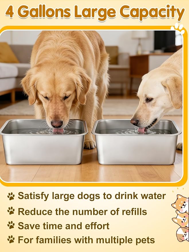 2 Pcs 4 Gallons Extra Large Dog Water Bowl - Durable Reusable Stainless Steel Dog Bowl, High Capacity Water and Food Bowls for Household with Multiple Large Dogs Indoor Outdoor