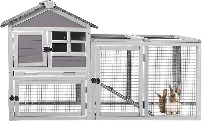 Large Rabbit Hutch Outdoor Indoor, Bunny Cage with 4 Access Areas & Pull-Out Leak-Proof Trays, Waterproof Roof Wooden Bunny Hutch for 1-2 Rabbits, Guinea Pigs, Chickens