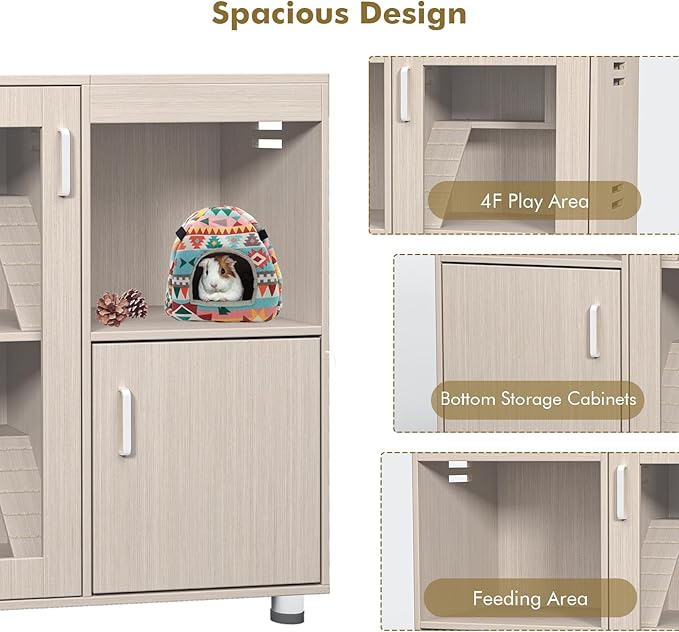 Small Animal Cage Hamster Cage with Storage Cabinet and Ramp, Openable Top, Easy View Acrylic Windows, Wood Ferret Cages for Chinchillas/Guinea Pigs/Rabbit