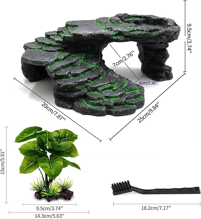 MoonOrange Turtle Basking Platform Kit, Reptile Habitat Hideout, Decorative Resin for Aquarium & Terrarium, Including Artificial Plant and Cleaning Brush. (B-Medium-Black)