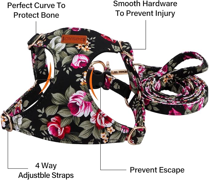 CHEDE No Pull Floral Pattern Dog Harness- Lightweight and Soft Harness, Adjustable Small Dog Harness and Leash Set, with Dog Leash, Suitable for Puppy Small and Medium-Sized Dog (M, Black Flower)