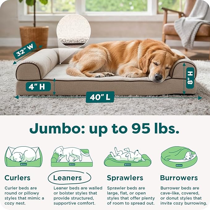 Furhaven Cooling Gel Dog Bed for Large Dogs w/ Removable Bolsters & Washable Cover, For Dogs Up to 95 lbs - Sherpa & Chenille Sofa - Cream, Jumbo/XL
