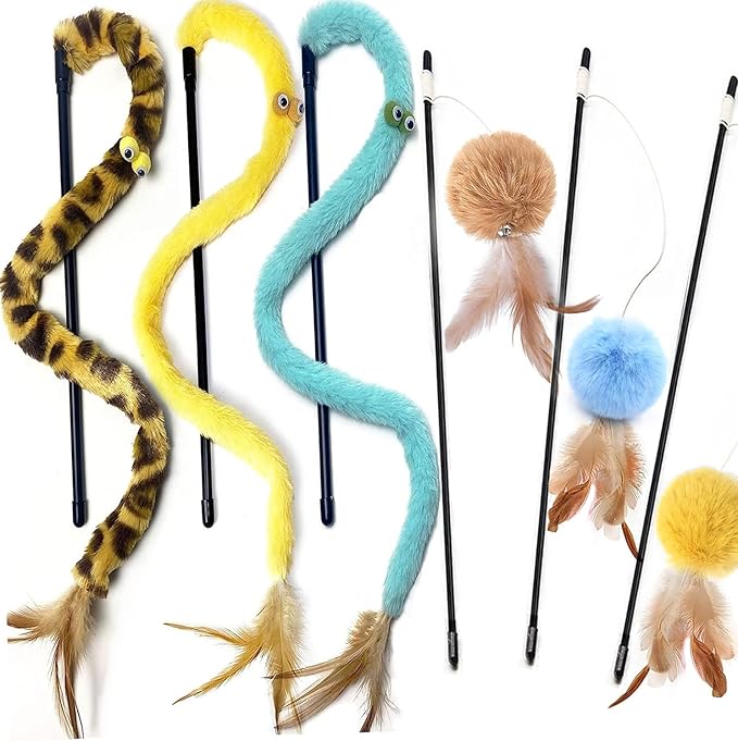 Cat Toys for Indoor Toys,Rainbow Cat Wand Toys,Feather Flips Plush Ball Cat Toys,Interactive Feather Toy for Teaser Play and Chase Exercise with Kitten 6 Pack by AZOFFYIU