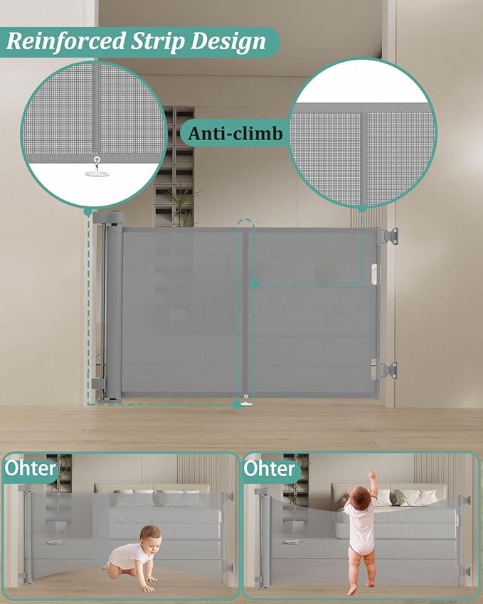Miumoon 59 inch Retractable Baby Gates 42 inch Tall, Retractable Gate with Reinforced Strip Design to Prevent Crawling Through, 5 FT Retractable Dog Gate for Stairs, Doorways, Hallways, Indoor/Outdoor