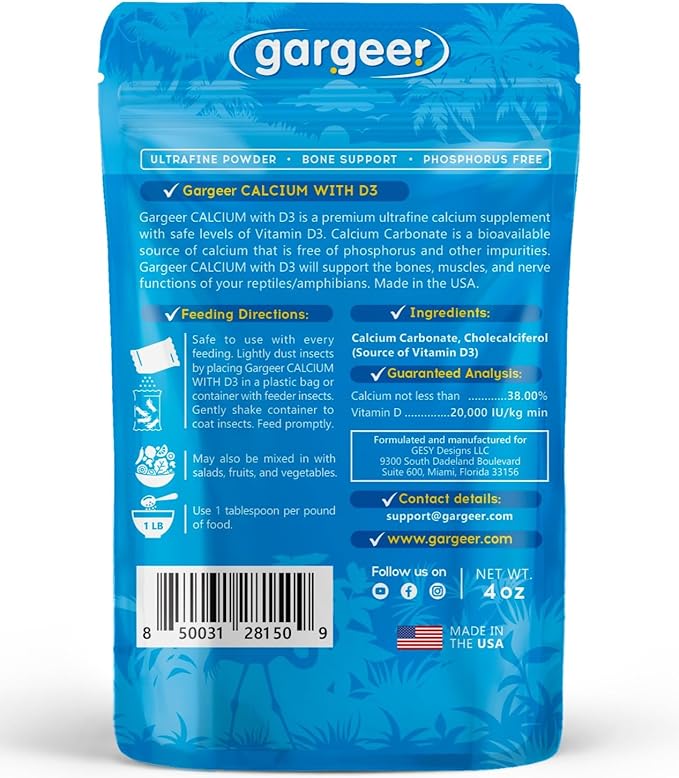 Gargeer 4oz All Reptile Calcium Powder with Vitamin D3, Phosphorus-Free, Ultrafine Powder, Pure Dust & Ready to Use for All Reptiles, Lizards & Amphibians Supplement. Made in the USA. Enjoy !