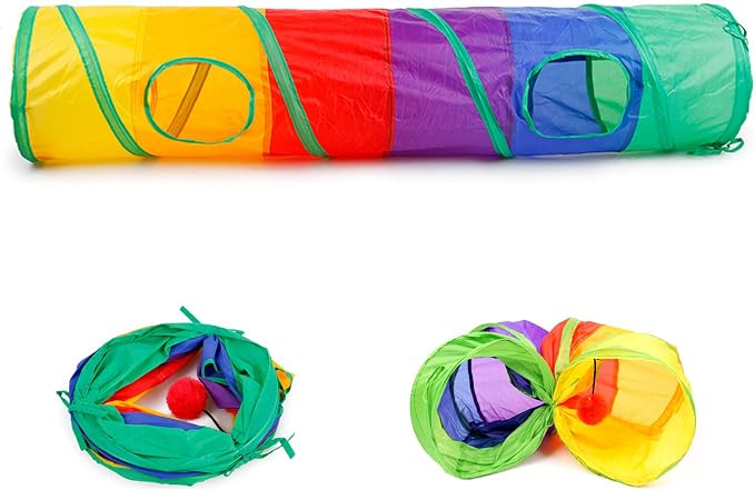 32Pcs Cat Toys Kitten Interactive Pet Toys Assortments, Foldable Rainbow Tunnel, Cat Feather Teaser Wand Interactive Feather Toy Fluffy Mouse Crinkle Balls Bell Play for Cat Puppy Kitty Kitten(2 way) - Image 6