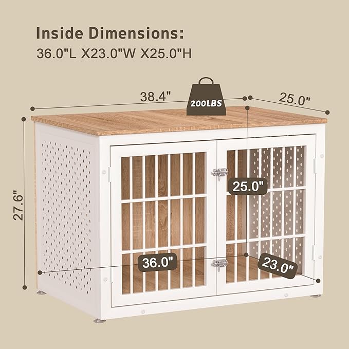 rehomerance 38" Heavy Duty Dog Crate Furniture for Large and Medium Dogs,Wooden Metal Kennel for High Anxiety Dogs, Chew Proof Pet Cage Indoor, Decorative Dog Kennel End Table, White