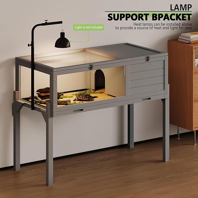 PRETZI Tortoise Habitat with Lamp Holder, Turtle Enclosure Indoor/Outdoor, Wooden House for Small Animals, Reptile Terrarium Table with Detachable Legs