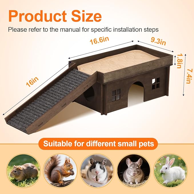 Large Bunny House with Stair, Wooden Bunny Castle Rabbit Hideout, Chinchilla and Guinea Pigs Hut Hideouts, Sturdy Rabbit Cage Hamster Hideout Bed Hutch（Excluding String Lights）