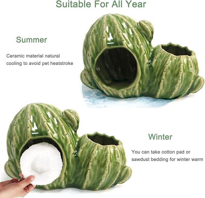 Ceramic Hamster Hideout, Dwarf & Syrian Hamster Hut with Double Doors, Anti-Bite Hideaway House for Mice & Gerbils (Light Green)