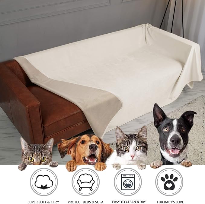 Ameritex Pet Bed Blanket Reversible 100% Waterproof Velvet Super Soft for Sofa and Bed (68x82 Inches, Cream+Beige)