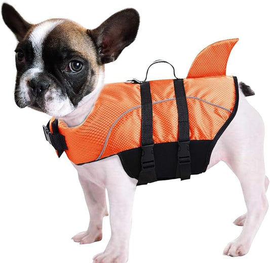 Ripstop Dog Life Jacket Shark Life Vest for Dogs, Safety Lifesaver with High Buoyancy and Lift Handle for Small and Medium Breeds（Orange S）